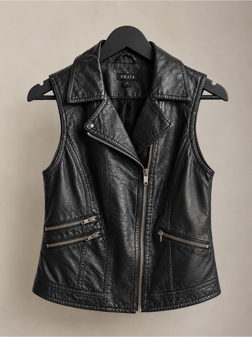 UK2LA Black Faux Leather Moto Vest Womens Small Biker Zip Jacket